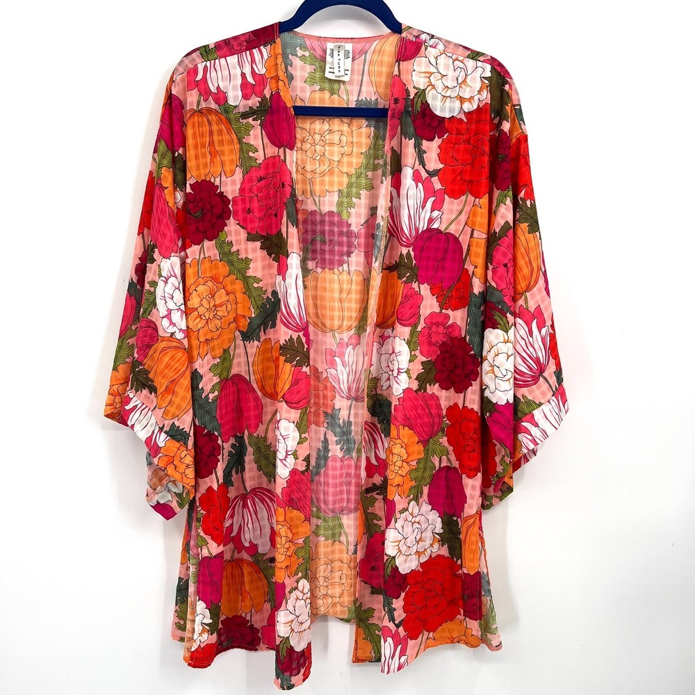 Trina Turk flowercore bright floral open front swim coverup dopamine dressing M